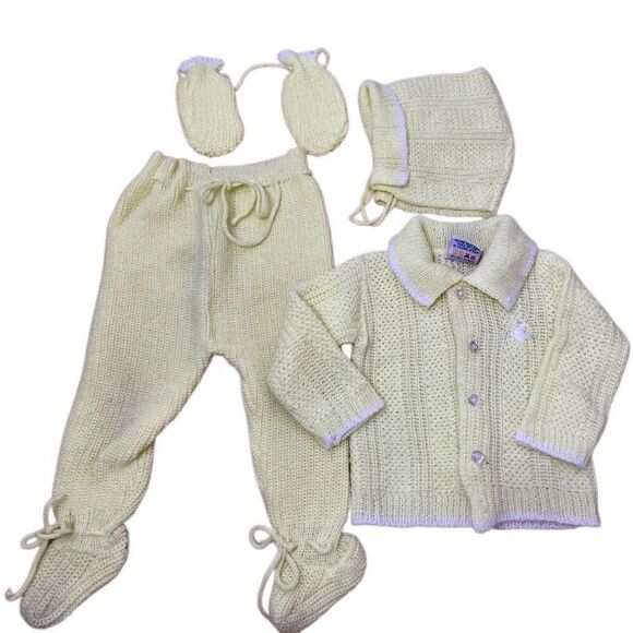 Vtg 60s/70s Baby Clothes Noveltyknit Yellow Knit Sweater Hat & Pants w/ Footies - Picture 1 of 9